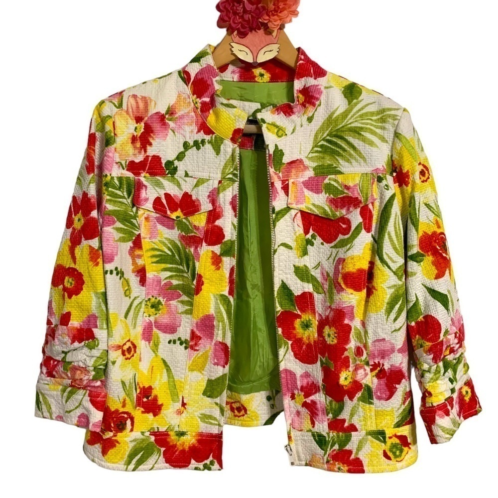 Anthracite jacket multicolor floral zip up 3/4 sleeve structured size 8